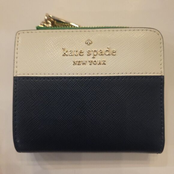 KATE SPADE Staci Colorblock Navy/Kelly Green Small L-Zip  Bifold Wallet NWOT - Picture 1 of 8